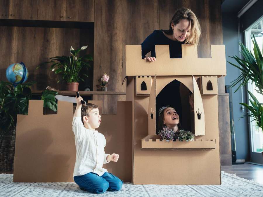 Cardboard castle built by mother and children- Creativity in Children