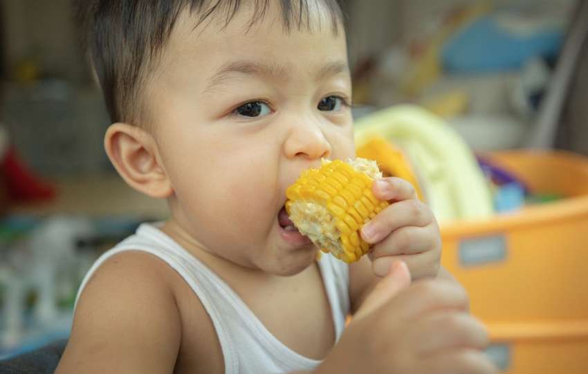 child biting into corn