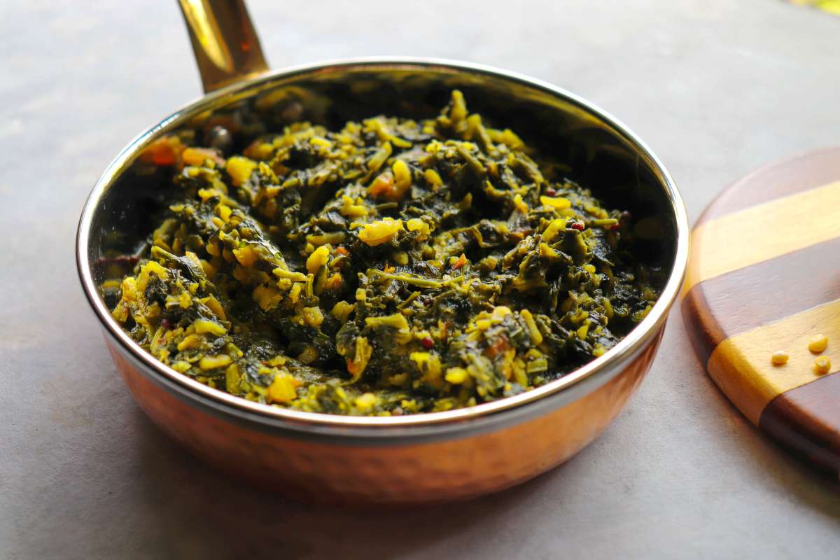 Palak and Moong dal sabzi. also known as spinach and lentil curry. Healthy green leafy vegetables- Prevent Anemia