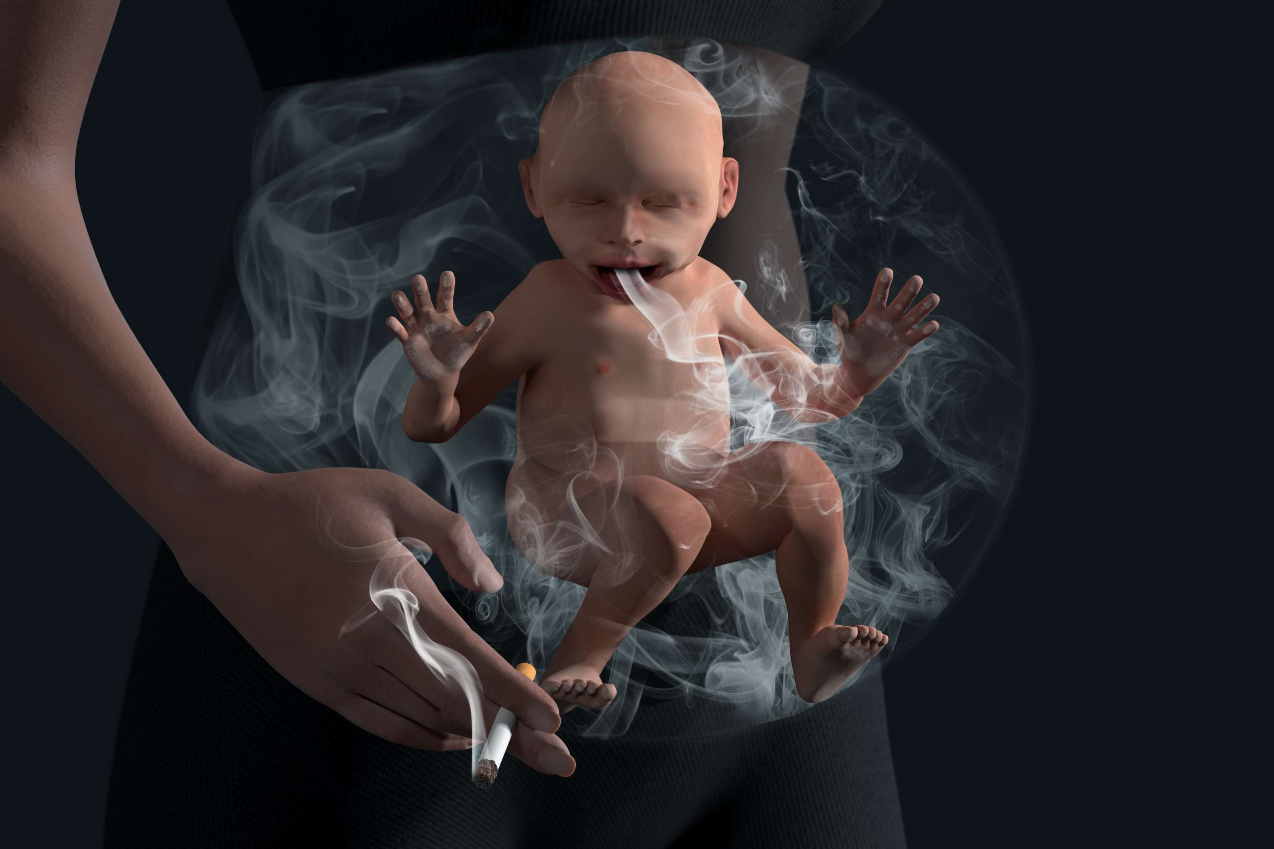 Smoking baby in baby bump. Unborn baby in baby bump smokes passively