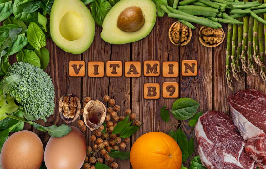 Natural sources of vitamin B9 (folic acid) . Foods as Avocado, eggs, orange, broccoli, liver, asparagus, beans, spinach, nuts and seeds