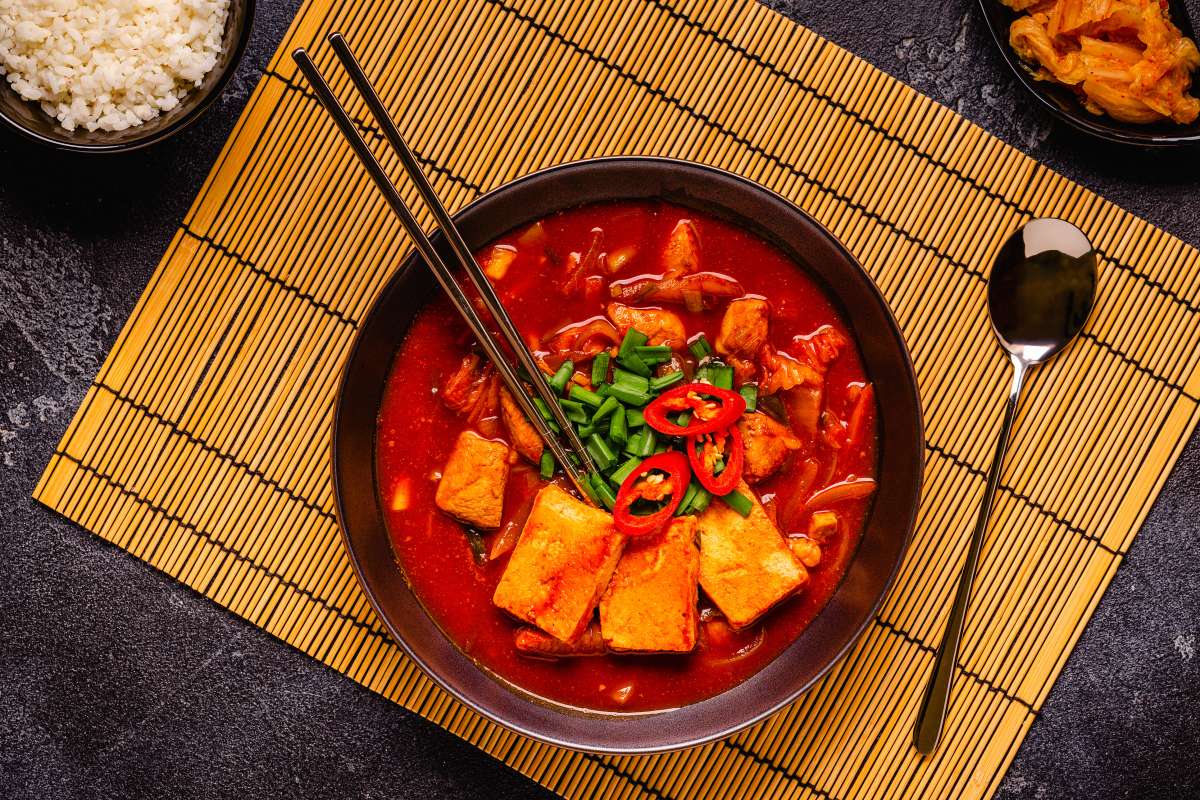 Korean traditional food, spicy kimchi soup (kimchi tige) with pork and tofu cheese- Prevent Hemorrhoids During Pregnancy